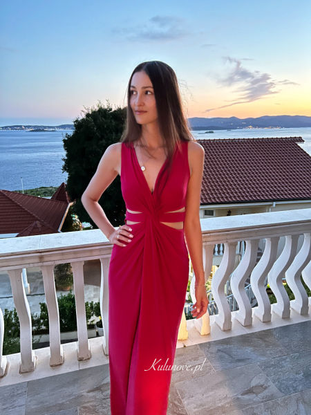 Arystea - long dress with decorative front in fuchsia color