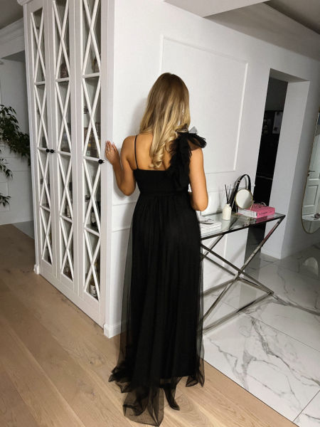 Emma- airy tulle black maxi dress with strapless frills