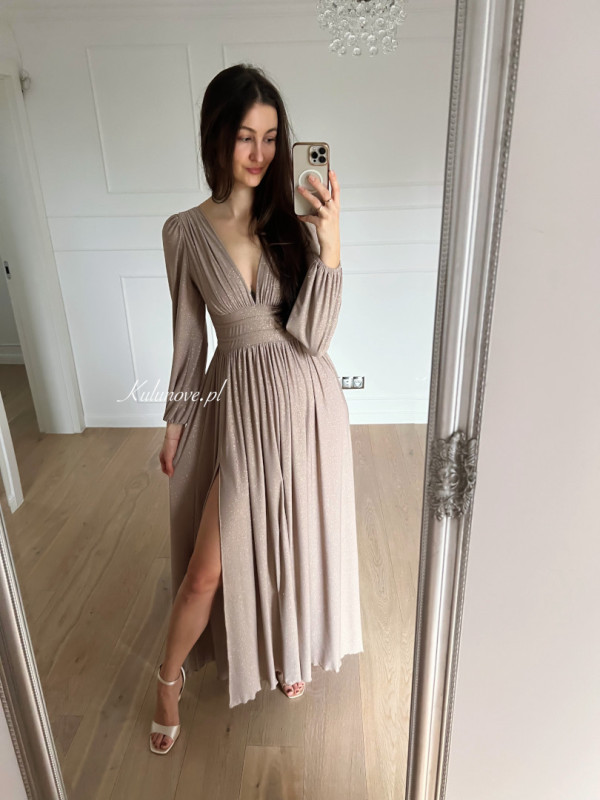 Merida - gold brocade boho style long sleeve maxi dress