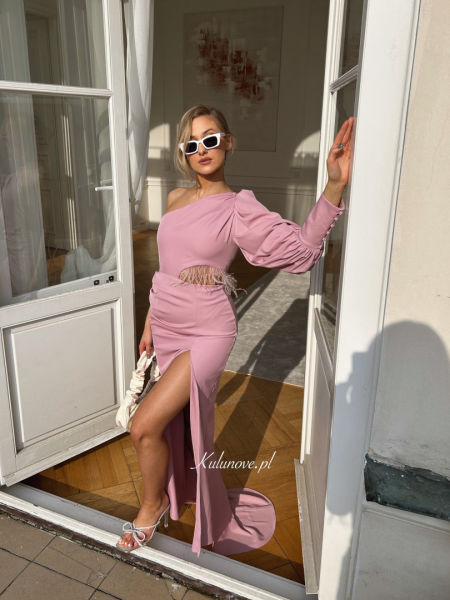 Rachel - a long one-shoulder dress with feathers at the waist with a delicate train