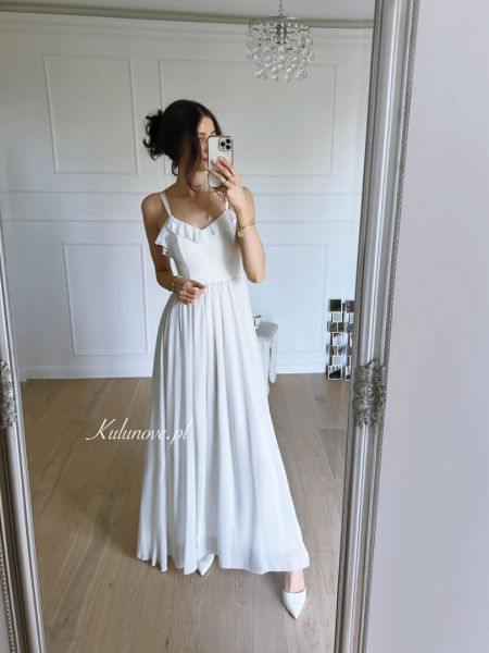 Ornelia - long spangled dress with frill in cream color