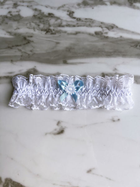 White wedding garter with blue bow and white flower #6