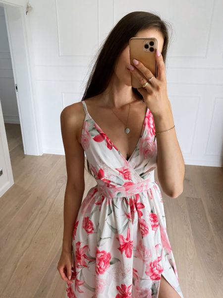Flowers pink - long summer dress in pink lilies