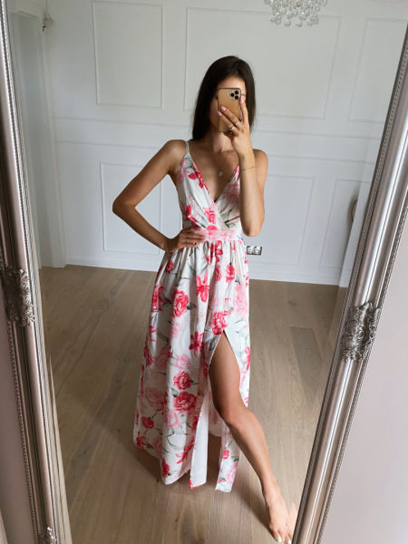 Flowers pink - long summer dress in pink lilies