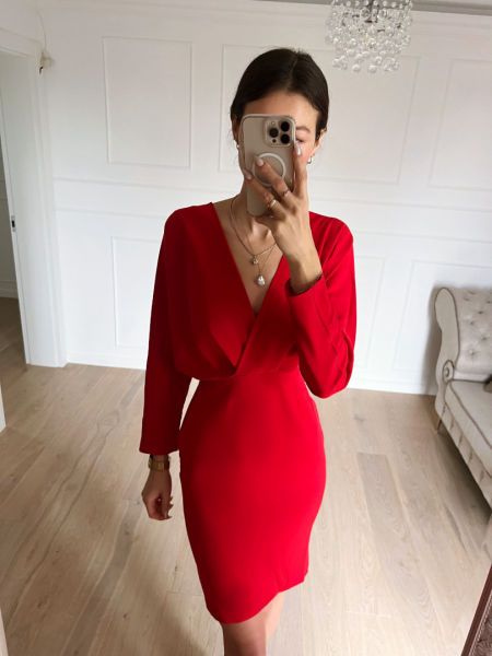 Josephine - red dress with pencil bottom and long sleeve envelope top