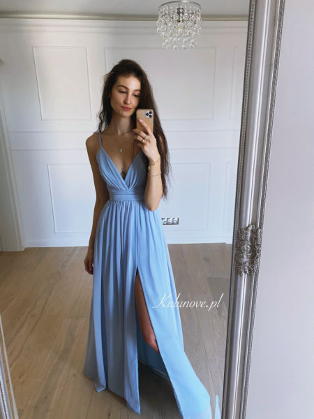 Francesca - blue chiffon maxi dress with deep neckline