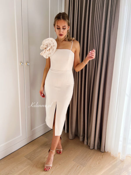 Floral - beige pencil midi dress with flower embellishment