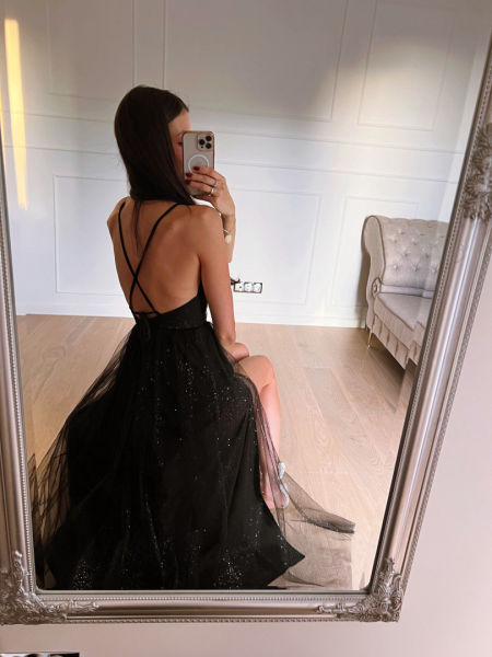 Esteris - long black brocade dress with tied backs