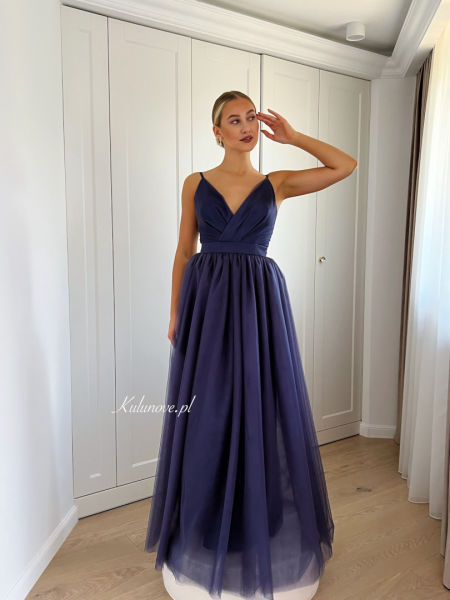 Ana - navy blue maxi dress made of softly glittering tulle in princess style
