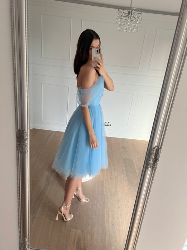 Selena - blue tulle midi dress with falling sleeves