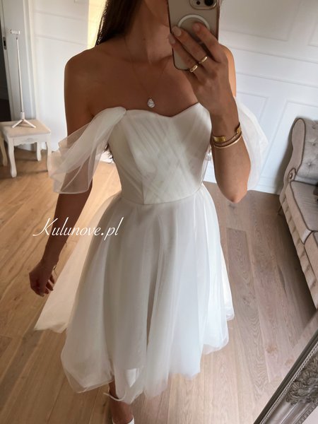 Selena A344 - Ecru tulle midi wedding dress with dropped sleeves