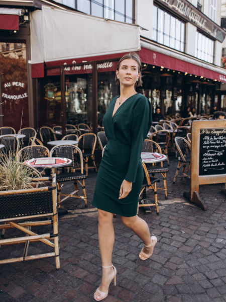 Josephine - long sleeve dress with fitted bottom and envelope top in bottle green color