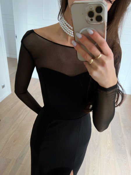 Elina - black long sleeve mesh dress