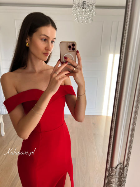 Angelina - red off-the-shoulder maxi dress with plunging sleeves