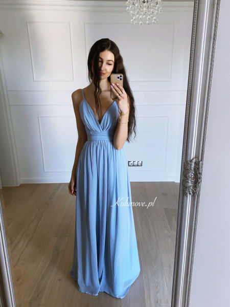 Francesca - blue chiffon maxi dress with deep neckline