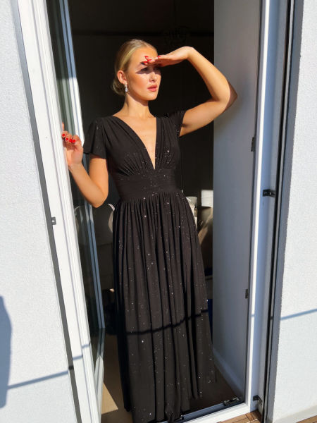 Andromeda - black brocade short sleeve maxi dress