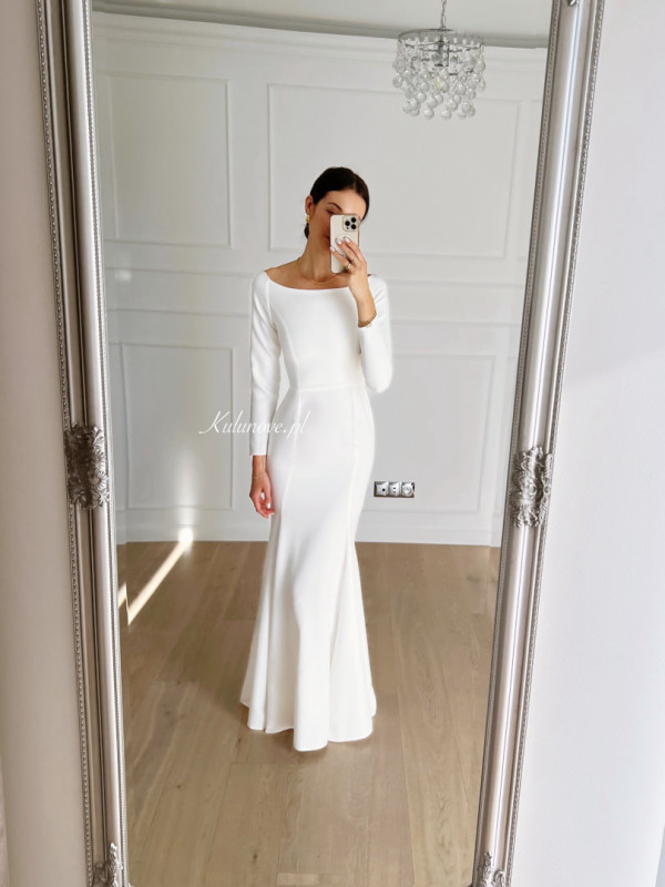 Charlene - a simple elegant fitted long sleeve wedding dress with a boat neckline