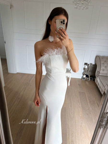 Odylia - white corset fishnet dress decorated with feathers