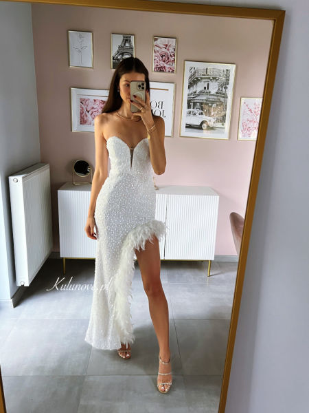 Monroe - asymmetrical sequin white dress with feathers and open shoulders