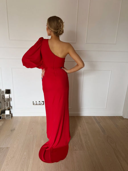 Rachel - red one shoulder maxi dress with feathers