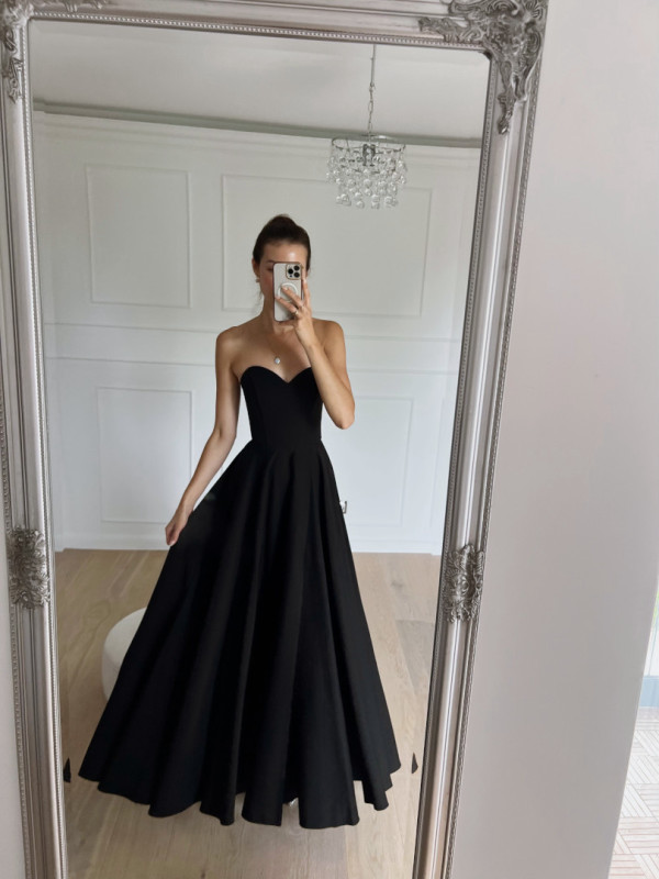 Florence - black flared corset maxi dress with buff chiffon sleeves