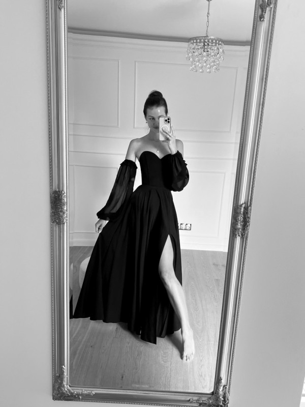 Florence - black flared corset maxi dress with buff chiffon sleeves