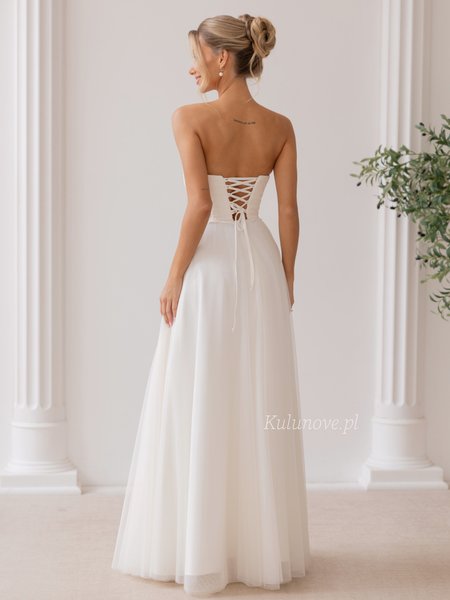 Gloria - a maxi wedding dress with a lace bodice, sweetheart neckline, and slit