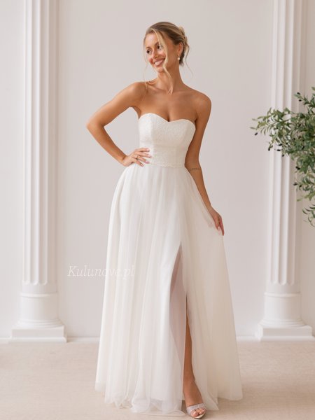 Gloria - a maxi wedding dress with a lace bodice, sweetheart neckline, and slit
