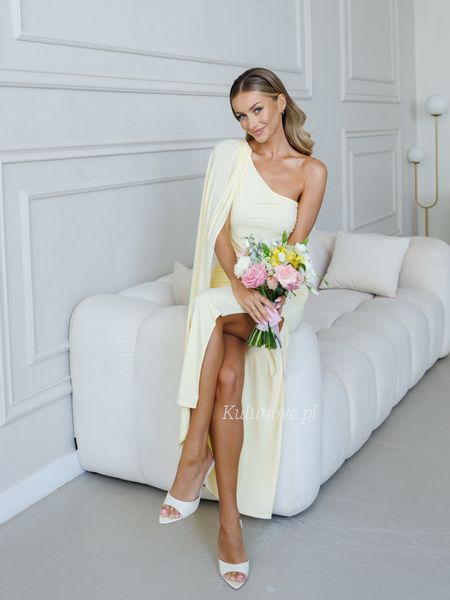 Grace - fitted one-shoulder maxi dress with decorative accent in buttery shade
