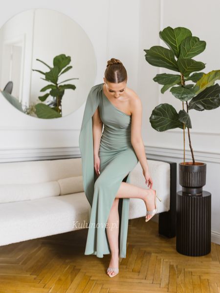 Grace - sage evening dress with one sleeve and a striking slit