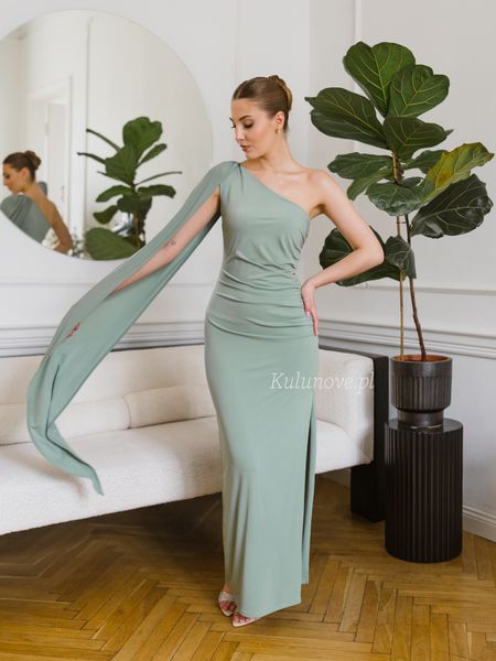 Grace - sage evening dress with one sleeve and a striking slit