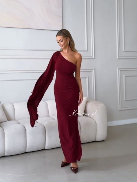 Grace - elegant one-shoulder maxi dress in burgundy color with striking embellishment
