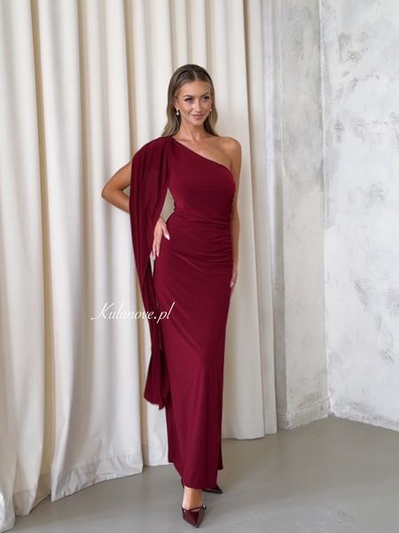 Grace - elegant one-shoulder maxi dress in burgundy color with striking embellishment