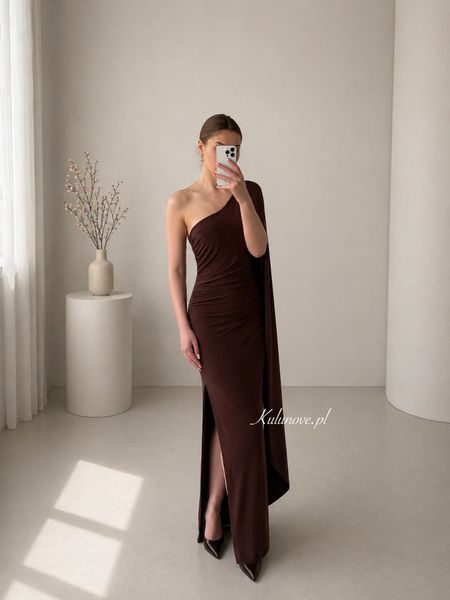 Grace - chocolate stretch one shoulder maxi dress with decorative sash