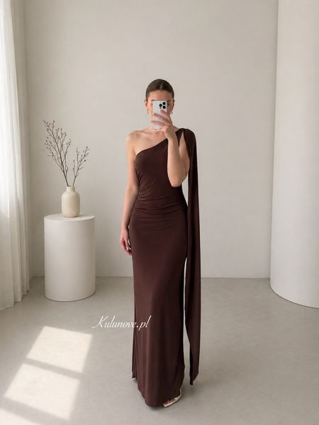 Grace - chocolate stretch one shoulder maxi dress with decorative sash