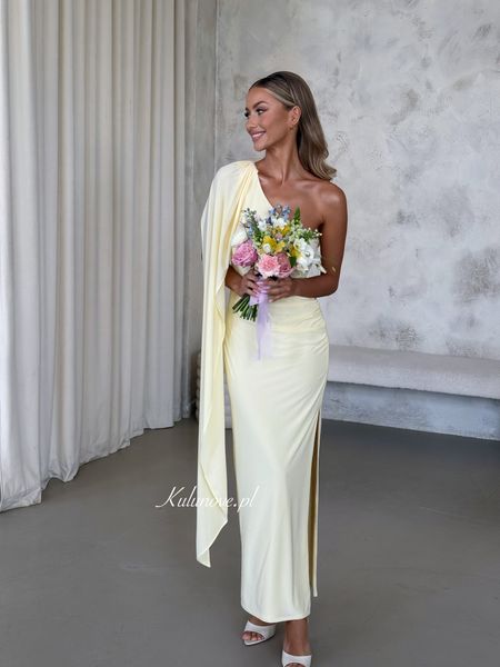 Grace - fitted one-shoulder maxi dress with decorative accent in buttery shade