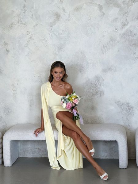 Grace - fitted one-shoulder maxi dress with decorative accent in buttery shade