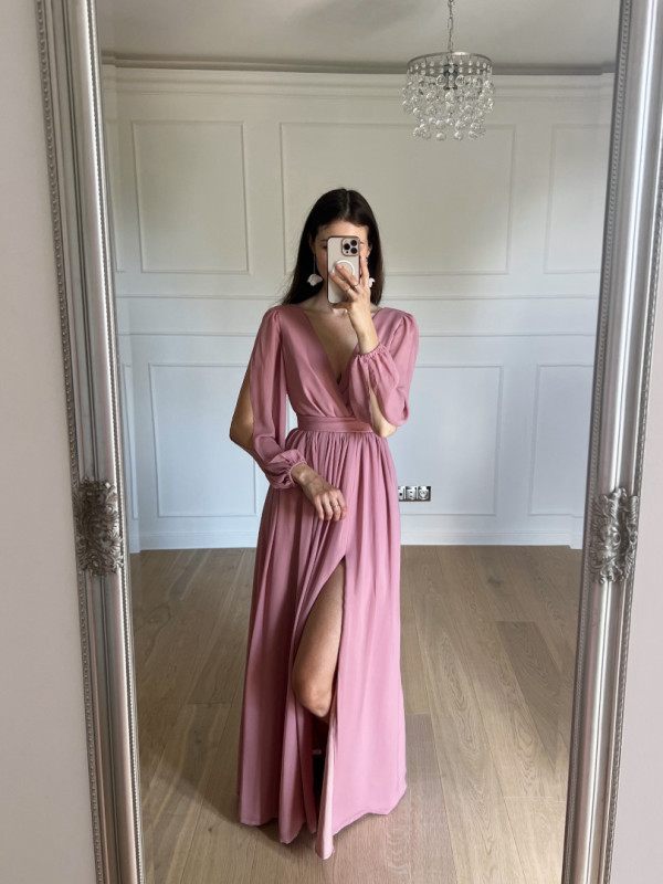 Greta - pink flared maxi dress with overlap neckline and buffeted slit sleeves
