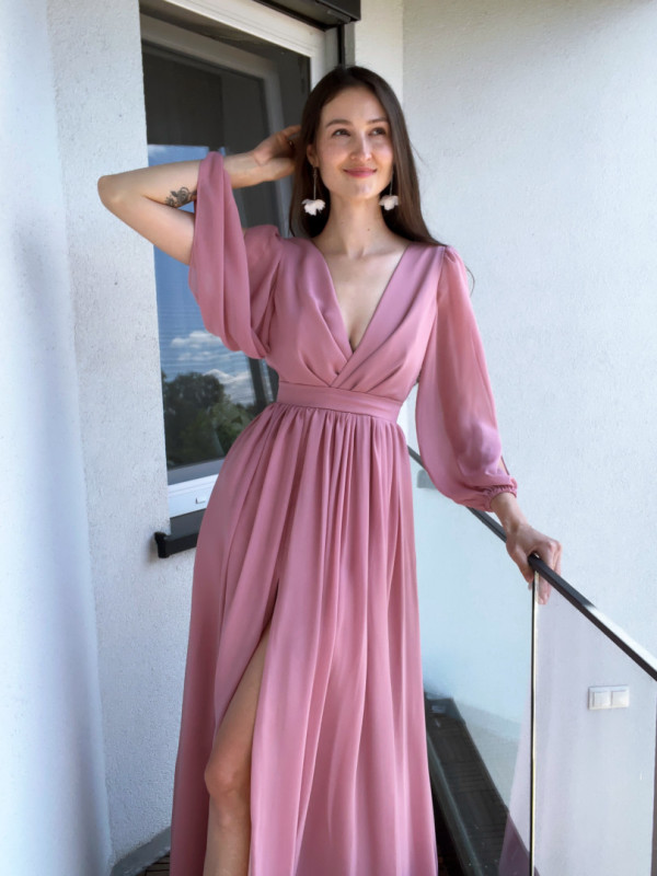 Greta - pink flared maxi dress with overlap neckline and buffeted slit sleeves