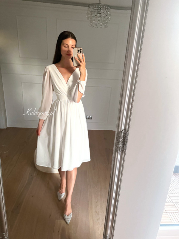 Greta - ecru chiffon midi dress with overlap neckline