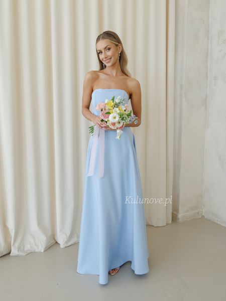 Hannah - a sky-blue maxi dress with a flared hem and a corset-style top