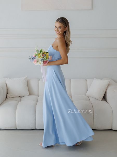 Hannah - a sky-blue maxi dress with a flared hem and a corset-style top