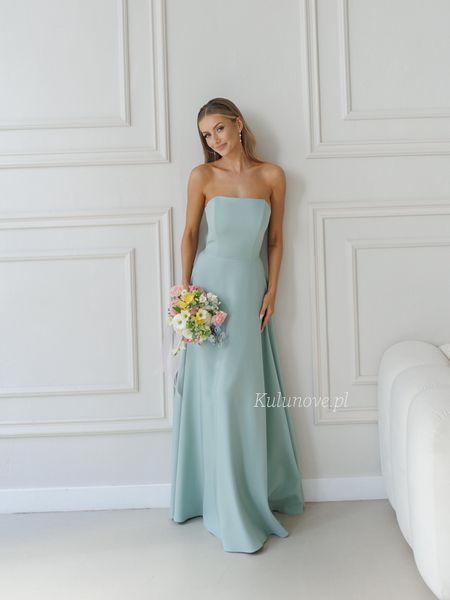 Hannah - a sage-green, strapless dress with a simple neckline