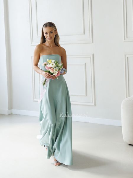 Hannah - a sage-green, strapless dress with a simple neckline