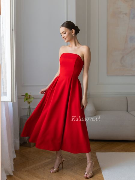 Harriet midi - red classic strapless corset dress with decorative pleats