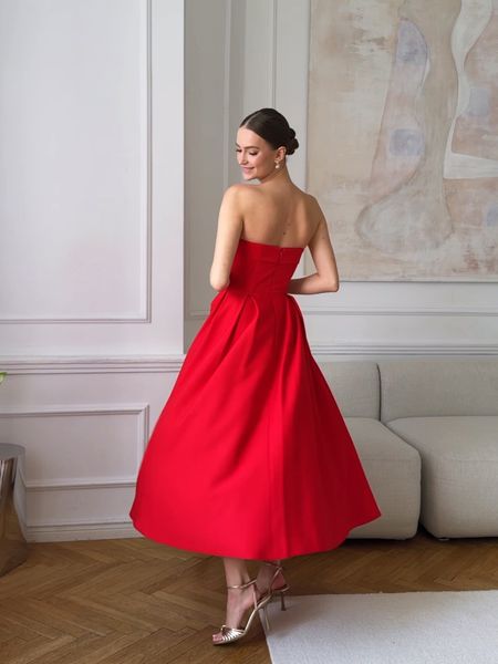 Harriet midi - red classic strapless corset dress with decorative pleats