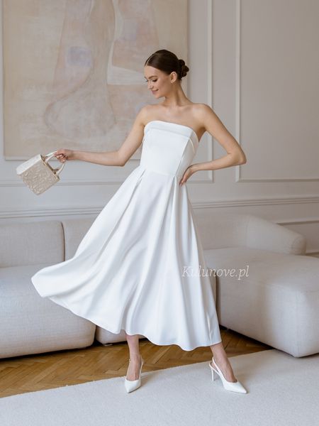 Harriet midi - wedding midi dress in ecru color on smooth bodice with top overlap