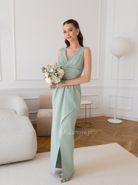 Hexa - sage proposal for wedding maxi length dress with asymmetrical front