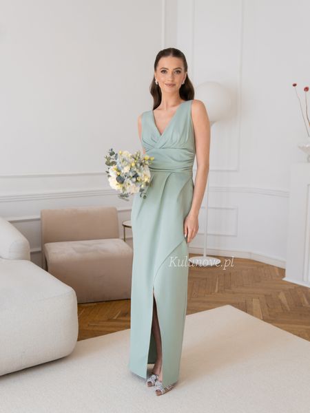 Hexa - sage proposal for wedding maxi length dress with asymmetrical front