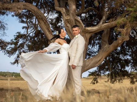 Rosella - chiffon wedding dress with train with crinkled bodice